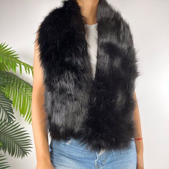 Vintage Y2K DKNY Black Classy Gothic Winter Faux Fur Collar Chunky Scarf / O/S - Picture 3 of 6